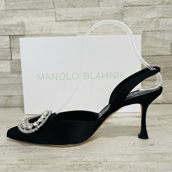 Manolo Blahnik Fiboslac Black Satin Swarovski Crystal Slingback 70MM Pumps SZ 37 - Picture 10 of 14